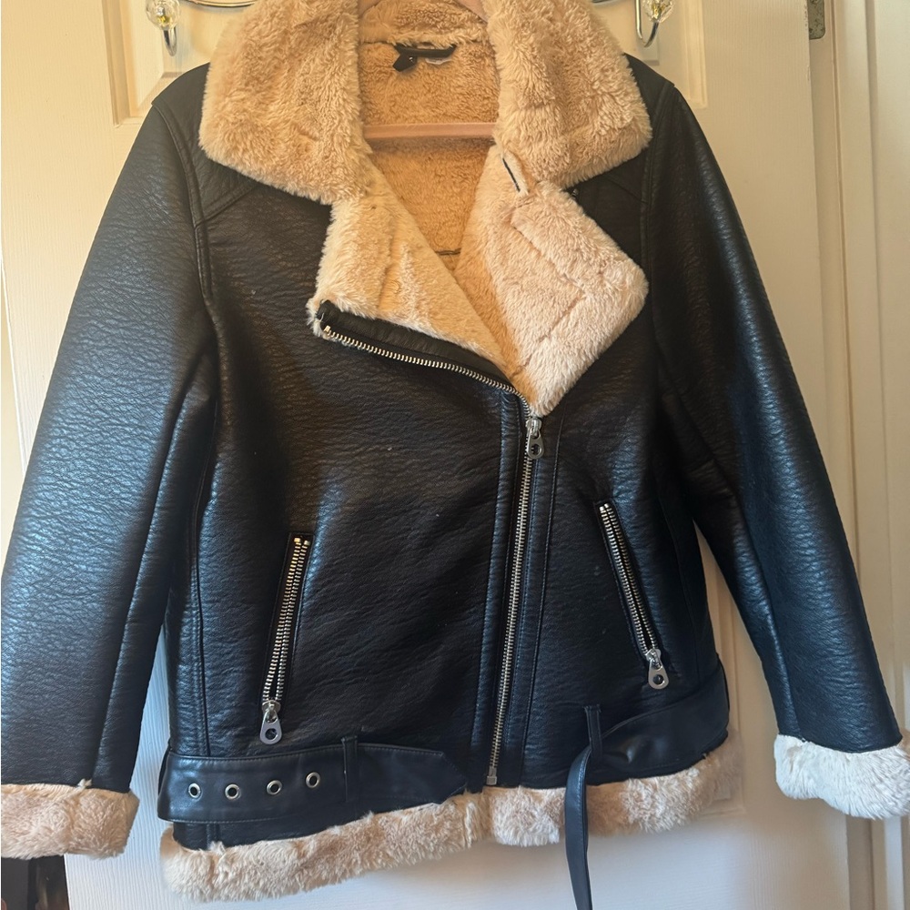 Fur-lined Leather Moto Coat